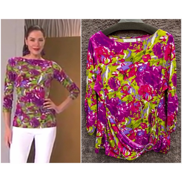 George Simonton Tops - Printed Top with Ruched Sleeves and Buckle Sash
